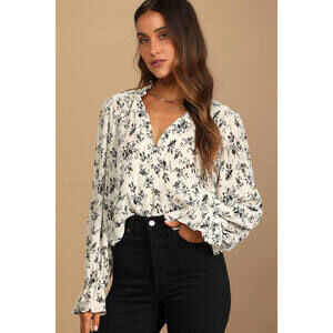 Lulus Keep Things Classy Beige Floral Print Button-up Long Sleeve Top - Size XXL